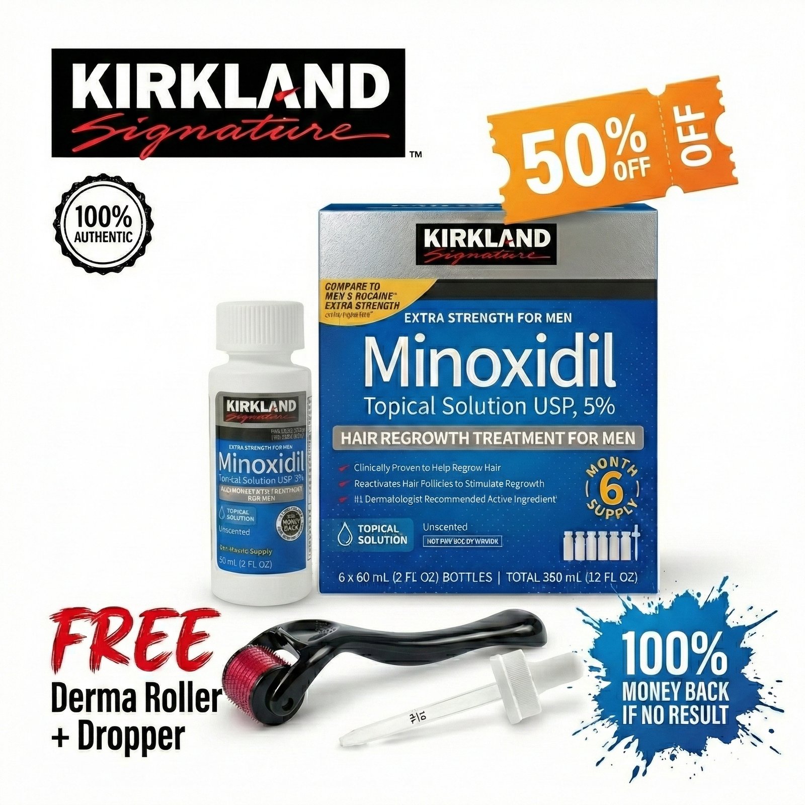 Combo Kirkland Minoxidil Topical Solution 5% - 60 ML + .5mm Derma Roller