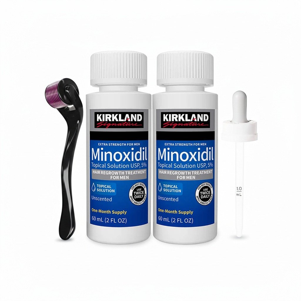 Combo of 2 Bottle Kirkland Minoxidil Topical Solution 5% - 60 ML + Derma Roller